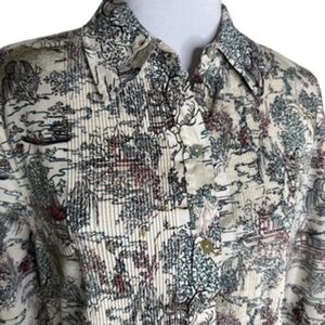 NWOT Chico's Button Down Mini-Tucks Front Oriental Landscape Corduroy Shirt Sz 2